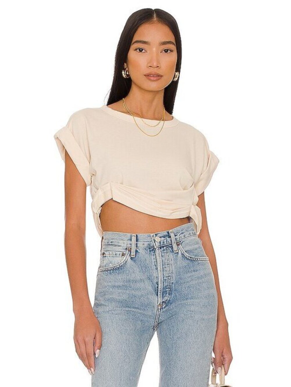 The Line by K Twist Front Crop Top XS Cream Cap Sleeve Ruched Tee Minimalist